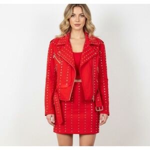 Vintage Women's Red Studded Moto Jacket & Skirt Set 80's Fashion‎ Rocker